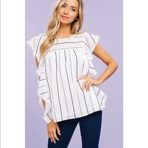 Navy Striped Ruffled Sleeve Woven Top